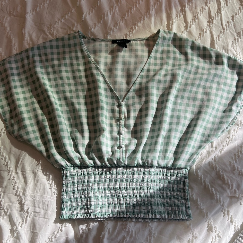 Forever 21 green & white checkered button down top